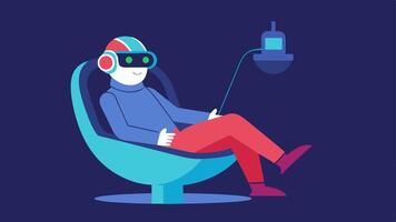 Relaxation Zone A character lounging in a futuristic chair wearing a neurofeedback headset with soft light illuminating the area around them indicating a state of relaxation.. vector