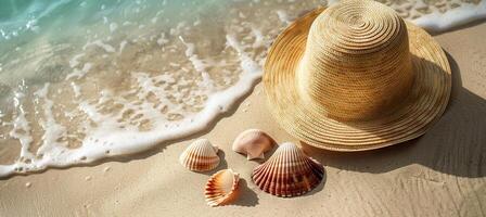 Summer straw hat, sea shells on beach sand. Vacation, leisure, Sunbathing and relaxing concept photo
