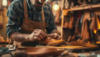 Old leather smith shoemaker artisan in a workshop making a shoe. Copy space, leathersmith, craftsman, traditional craftsmanship photo