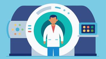 Technician at Control Panel A medical tech shown from the side standing in front of a large MRI machine with their hands gently positioned on the colorful interface panel that. vector