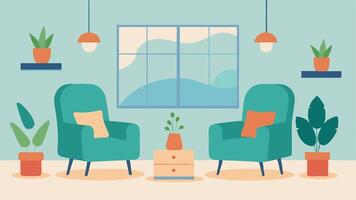 Relaxation Zone A relaxing area in the clinic where patients can rest with comfortable chairs plants and calming decor that promotes a healing atmosphere.. vector