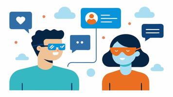 Social Interaction Monitor Two people conversing one wearing smart glasses that pop up metrics on engagement levels and emotional states.. vector