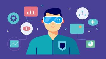 These illustrations can help visualize various aspects of health data displayed through augmented reality glasses in everyday scenarios.. vector
