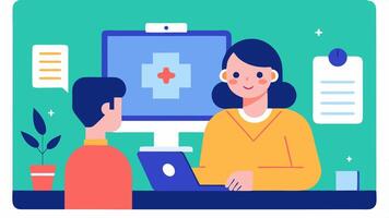 Telehealth Capability A representation of the scanner being used in a telehealth scenario with a healthcare professional consulting a patient through a call while holding the. vector