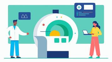 Userfriendly Interface A wide shot of the whole MRI machine with an intuitive user interface populated with icons and sliders alongside the technician explaining the process to a. vector