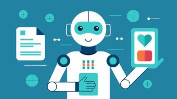 Robot with Health Analyzer A robot using a handheld device to perform a health analysis on a patient with infographics appearing in the background to illustrate results.. vector