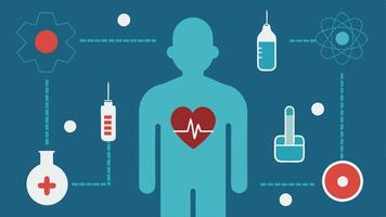 Silhouette with Health Infographic A human silhouette filled with icons representing different chronic diseases e.g. insulin syringe for diabetes heart monitor for heart disease. vector