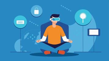 Virtual Reality in Therapy A patient sitting with VR goggles on interacting with a virtual environment designed for therapeutic purposes representing mental health innovations.. vector