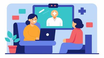 Telemedicine Consultation A patient sitting in a cozy living room engaging in a call with a physician displayed on a large screen highlighting remote healthcare delivery.. vector