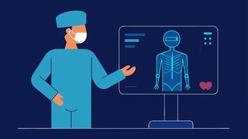 Surgical Planning An outline of a surgeon in scrubs observing an AIgenerated 3D model of a patients anatomy on a display screen.. vector
