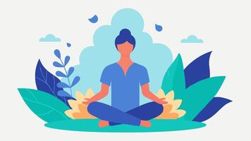 Stress Management A person meditating peacefully in a lush garden surrounded by soothing elements like flowing water and soft flora representing relaxation techniques.. vector