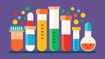 Test Tube and Supplements An illustration of test tubes filled with colorful liquids alongside an array of supplements portraying the scientific approach to customizing health. vector
