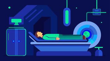 Treatment Setup A futuristic medical room with a patient comfortably lying on an advanced treatment bed surrounded by hightech equipment glowing with blue and green lights. vector