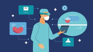 Surgical Planning with AR A surgeon utilizing augmented reality to plan a surgical procedure with a virtual overlay of the patients anatomy visible in the operating room.. vector