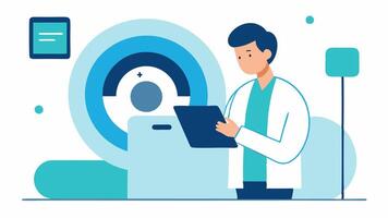 Remote Access Control A technician adjusting the MRI settings using a tablet showing a wireless connection interface with the MRI machine visible in the background.. vector