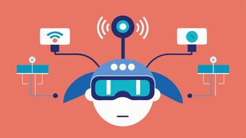 Wearable Tech A detailed view of the biohackers wearable neurotech device displaying sensors and screens showing realtime brainwave activity while the drone flies in sync.. vector