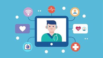 Telemedicine Device A compact device resembling a tablet that connects patients with doctors via call surrounded by icons representing various medical specialties and. vector