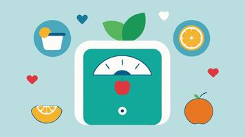 Smart Weight Scale A digital scale that displays weight along with BMI and other health metrics surrounded by icons motivating a healthy lifestyle like fruits and exercise.. vector