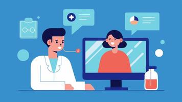 Telemedicine Consultation A doctor consulting a patient through a screen with a digital representation of the patients body showing live health metrics and treatment simulations.. vector