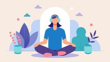 Zen Space A meditative figure in a tranquil room adorned with plants and soft lighting wearing a headset capturing the essence of peace and inner balance.. vector