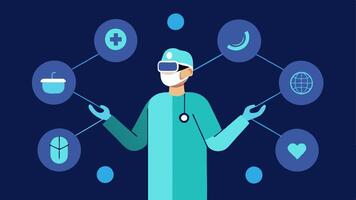 Virtual Reality Interaction A surgeon in an operating room reaching out to reposition floating icons in AR that represent and structures indicated during the procedure.. vector