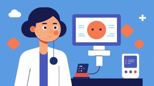 Skin Analysis Consultation A depiction of a doctor using a skin analysis device while examining a patients skin closely showing various skin concerns on a monitor.. vector