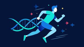 Runner with Genetic Aura An athlete in motion surrounded by a glowing DNA strand symbolizing enhanced performance through genetic insight.. vector