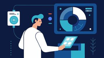 Realtime Monitoring An illustration of the screen displaying realtime imaging data during a scan with the technician observing and adjusting settings dynamically.. vector