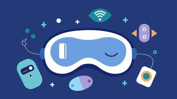 TechEnhanced Sleep Mask An illustration of a hightech sleep mask equipped with sensors and Bluetooth connectivity surrounded by calming sleep aids like essential oils.. vector