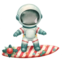 A whimsical astronaut standing on a festive surfboard, adorned with colorful decorations for a playful holiday vibe. png