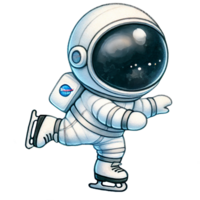 A playful astronaut skating gracefully on ice, showcasing a blend of space and winter fun in a whimsical design. png
