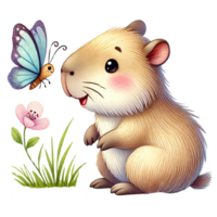 Cute animal with butterfly and flower in an isolated background. png