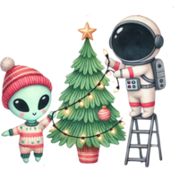 An adorable scene of an alien and an astronaut decorating a Christmas tree together, capturing the joy of festive cheer. png