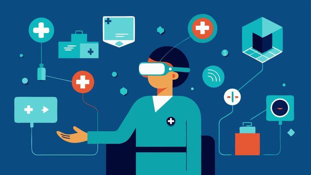 These descriptions capture various aspects of immersive healthcare environments while allowing for creative illustrations.. vector