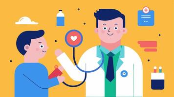 Regular CheckUps A cheerful doctor with a stethoscope conducting a health examination on a patient surrounded by health screening tools showcasing the necessity of regular health. vector