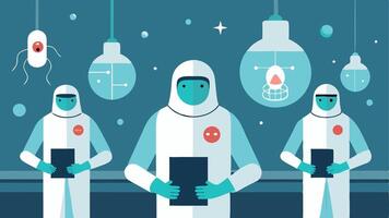 Safety Protocols Lab personnel in futuristic suits following strict safety protocols using advanced equipment to handle live stem cells while maintaining a clean environment.. vector
