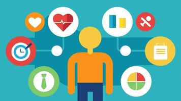 Wellness Chart Visualization A closeup of a wellness chart with an array of vibrant colors and icons representing exercise diet and medical checkups with the patient leaning in to. vector