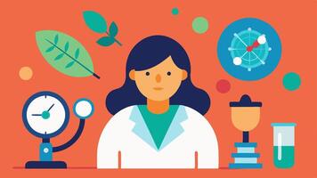Scientist with Microscope A female scientist peering through a microscope surrounded by images of DNA strands and longevity symbols like a clock and a tree.. vector