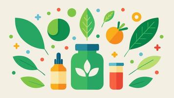 PlantBased Supplements A collection of colorful natural supplements surrounded by green leaves promoting the idea of wellness through plantbased nutrition.. vector