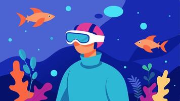 Underwater Adventure An illustration of a patient in a VR headset exploring a serene underwater world filled with vibrant coral reefs and gentle fish swimming by.. vector