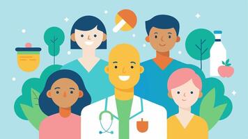 Supportive Care An illustration of support staff like nutritionists and counselors providing holistic care to cancer patients emphasizing the comprehensive nature of treatment.. vector