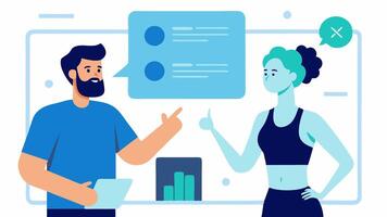 Trainer and Client with Data Screen A personal trainer pointing at a digital screen displaying genetic information while discussing fitness strategies with a client.. vector