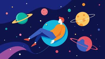 Relaxing Space Scene A patient floating in a tranquil starry universe with planets and constellations surrounding them offering an escape from everyday stress.. vector