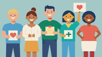 Preventative Tips A diverse group of individuals holding signs with preventative health tips like Stay Active Eat Fresh and Get Regular Checkups promoting health awareness.. vector
