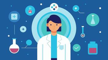 Researcher at Work A scientist in a lab coat focused on a holographic interface that projects health analytics surrounded by various wellness products in test tubes.. vector