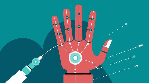 Precision Surgery CloseUp A closeup view of a robotic hand making a precise incision with digital guidelines overlaid on the screen highlighting the surgical area.. vector
