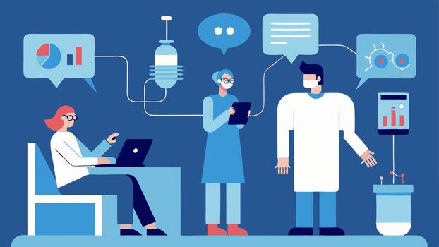 These descriptions provide a range of scenarios illustrating the dynamics of a biohacking consultation in a modern hightech clinic environment.. vector