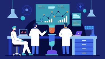 Research Laboratory A hightech lab with scientists examining DNA samples under bright lights and using advanced equipment. Charts of genetic sequences hang on the walls.. vector