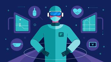 Virtual Reality Training A surgeon wearing a virtual reality headset practicing robotic on a holographic model of a patient surrounded by futuristic displays and feedback. vector
