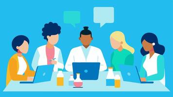 Research Team Collaboration A diverse team of scientists gathered around a table discussing their findings and brainstorming ideas with papers and laptops tered around.. vector